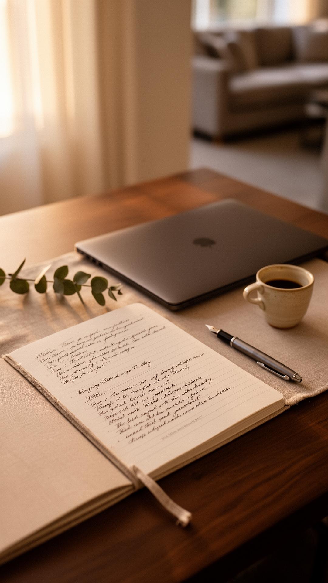 An open linen notebook with handwritten notes beside a closed laptop, ceramic coffee cup, and eucalyptus sprig on a warm wooden table in soft window light.