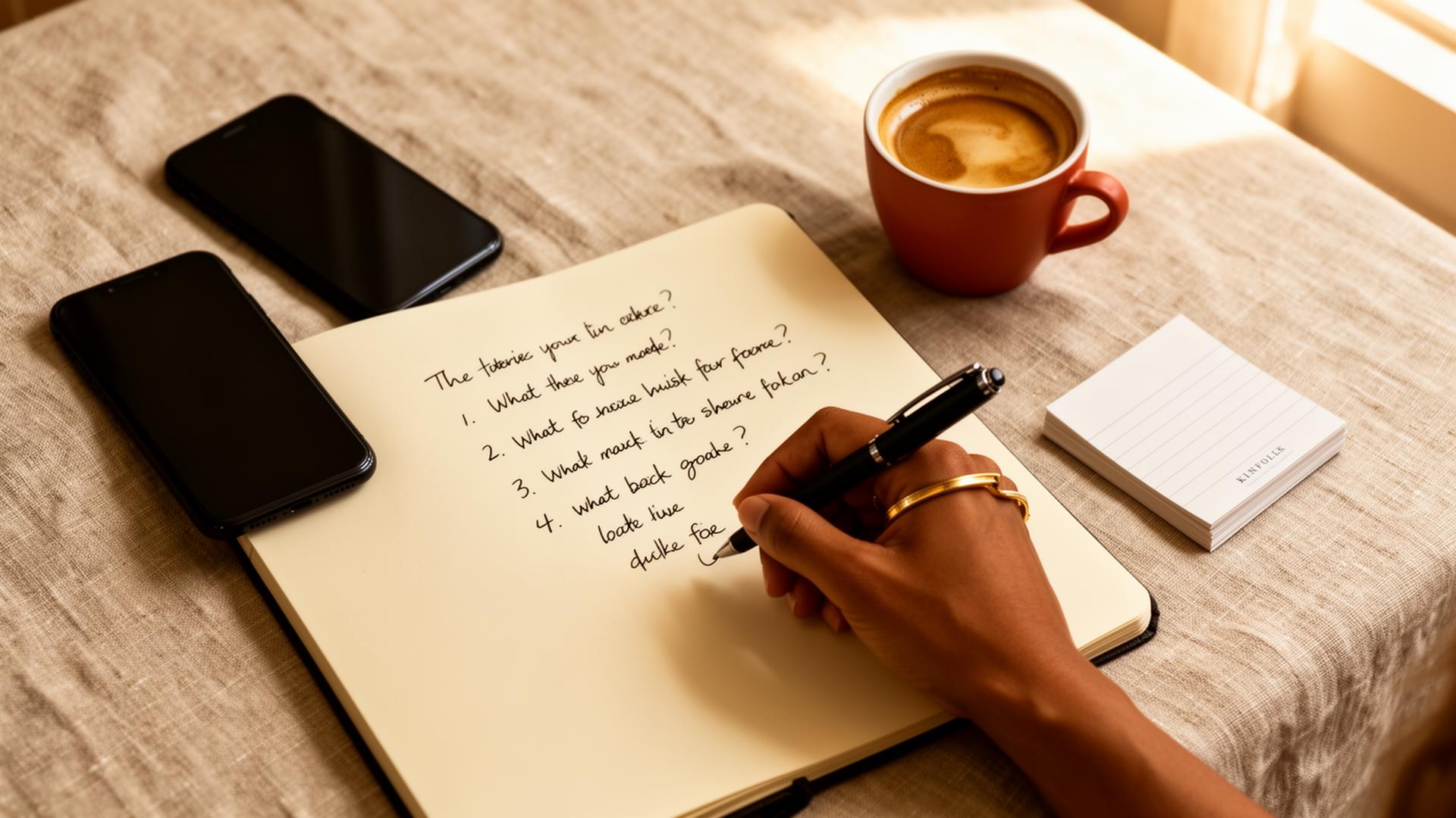 A hand writing interview questions in an open notebook beside a coffee cup and a phone face-down on a linen table runner.