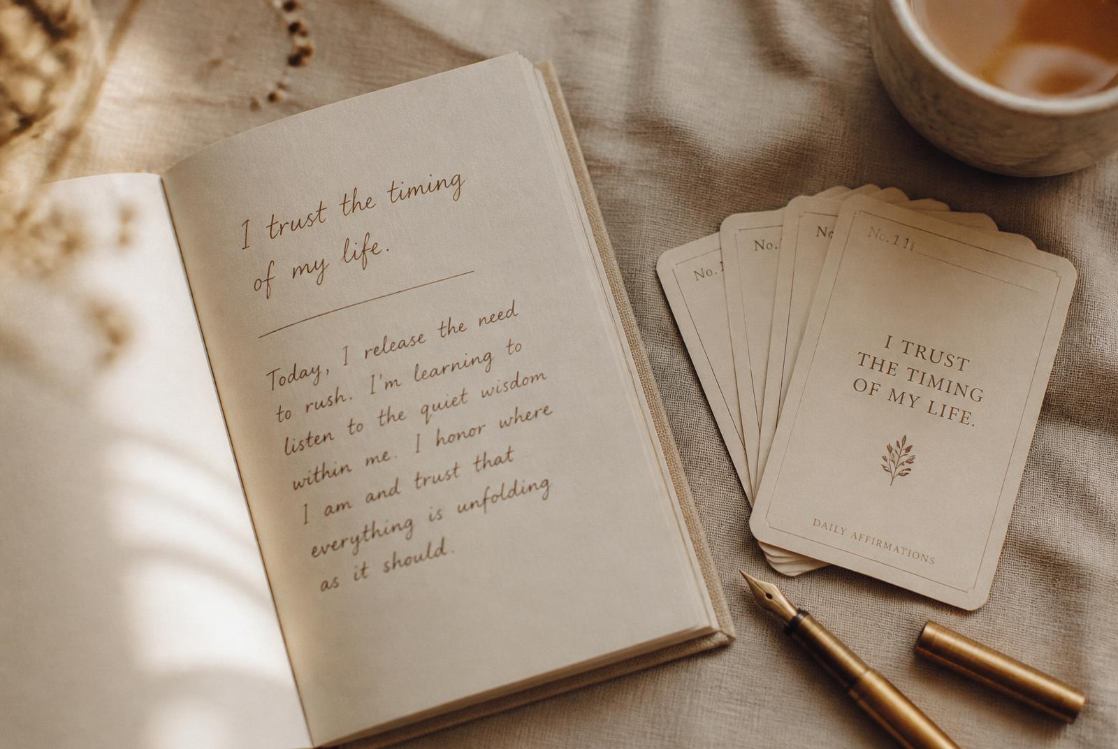 An open linen-bound journal with a handwritten affirmation and reflection beside a fanned stack of cream affirmation cards