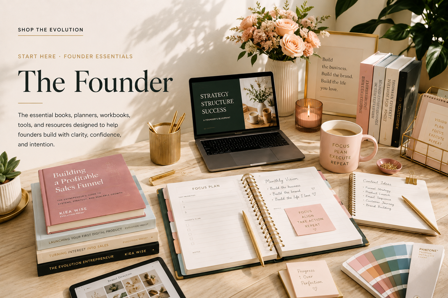 Founder books, planner, laptop, and strategy workspace representing founder essentials