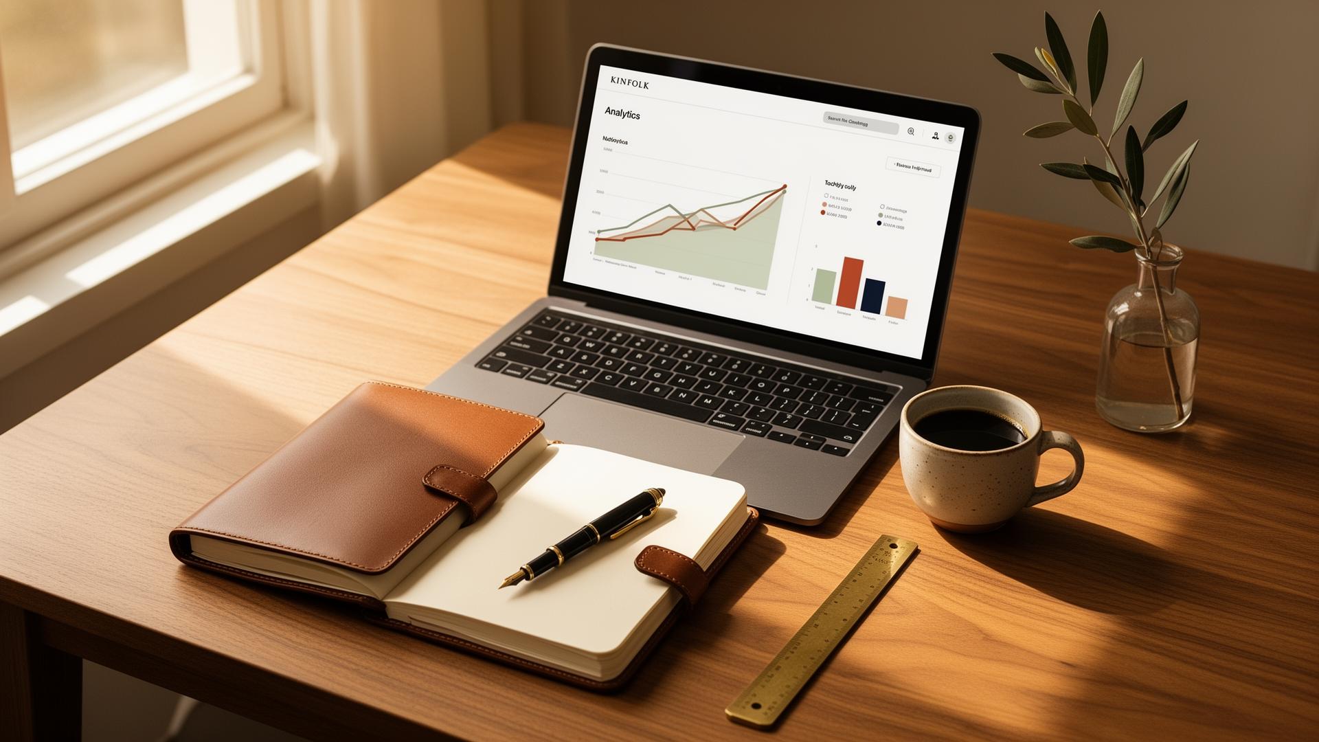 An overhead view of an open laptop showing a clean minimal analytics dashboard with line and bar charts, beside a leather journal, fountain pen, ceramic cup of coffee, and an olive sprig in a small glass vase.