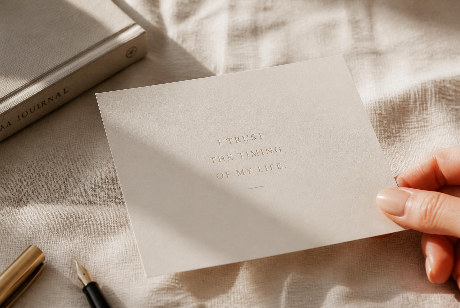 A single cream affirmation card held in soft morning light beside a linen-bound journal and brass fountain pen