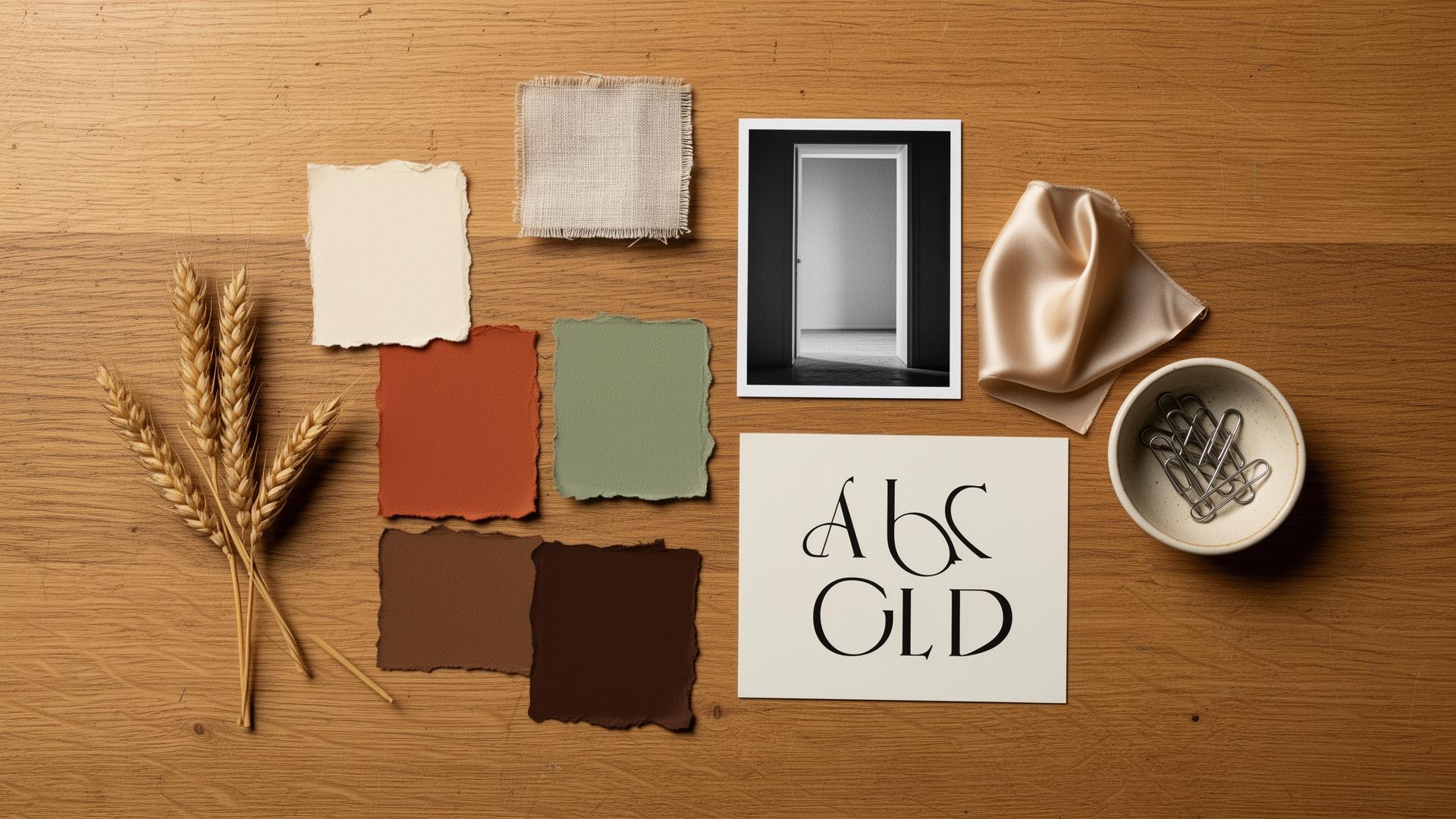 An overhead flat-lay of a brand mood board on an oak table: torn paint swatches in warm neutrals, fabric squares, a black-and-white photograph, dried wheat, and a typography specimen card.