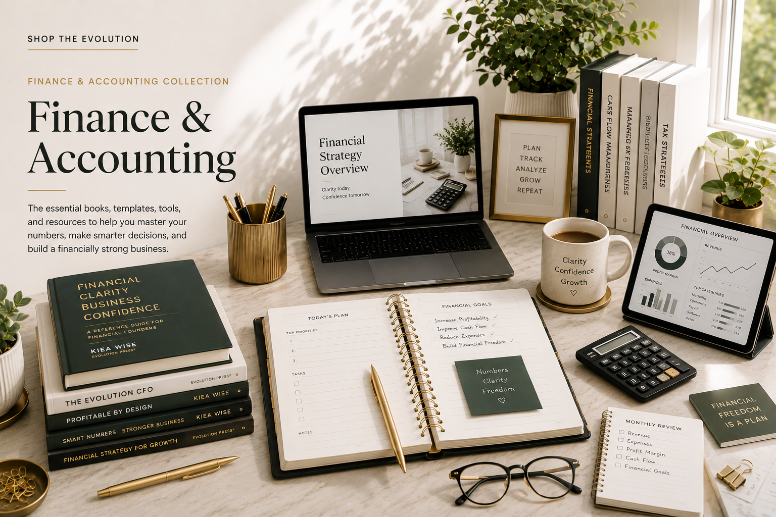 Finance planning workspace with books, calculator, planner, and financial dashboard