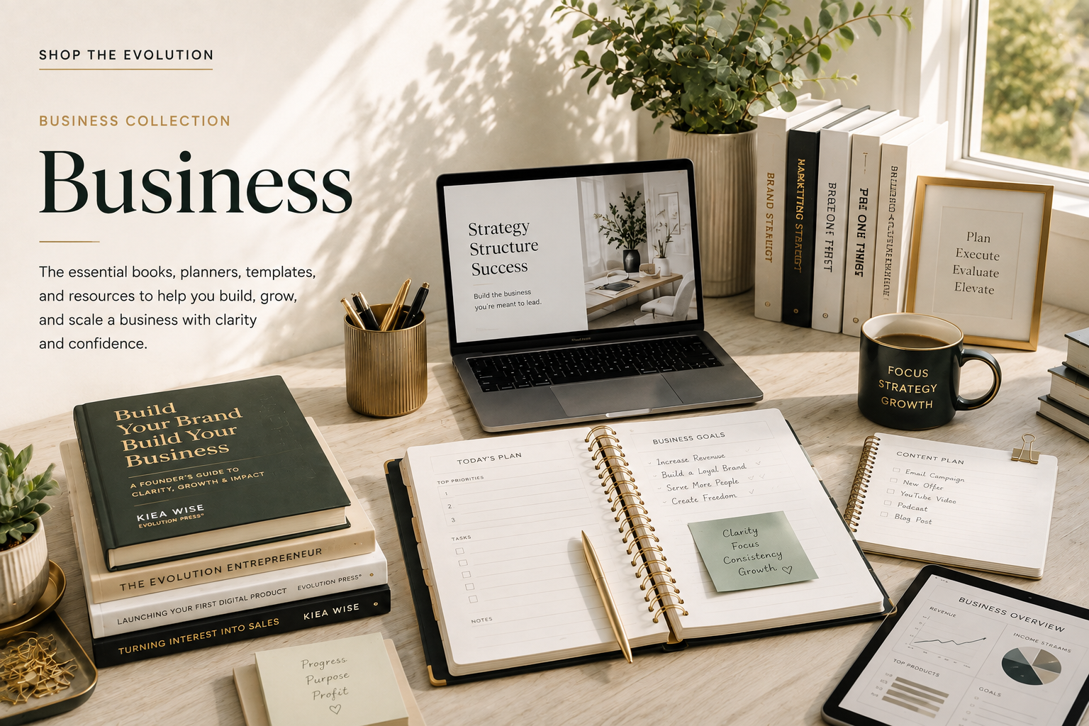 Business planning workspace with books, planner, laptop, and strategy tools representing the Business Collection.
