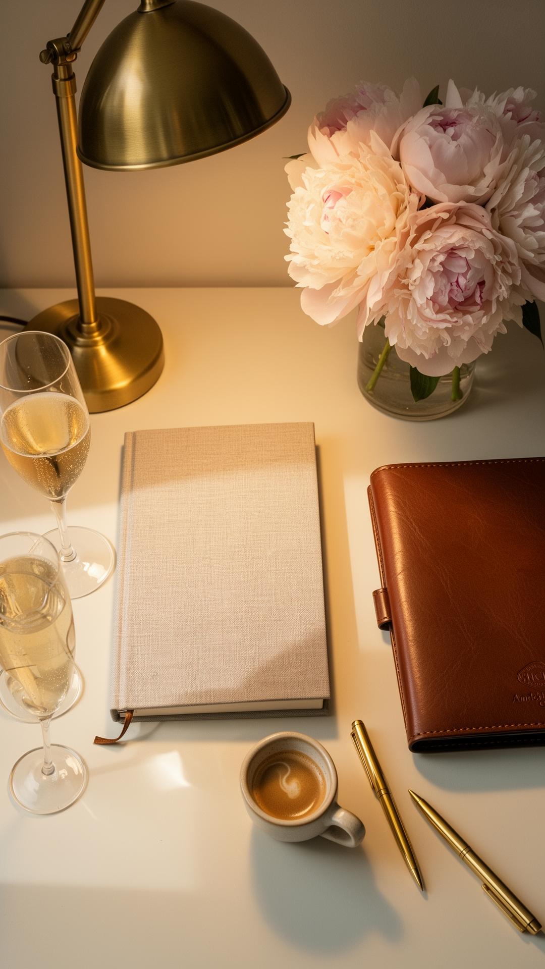 Founder's desk in rotation — peonies, brass lamp, linen notebook