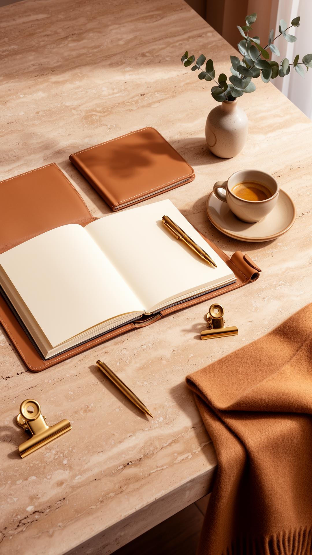 Editorial still-life of a leather portfolio, gold pen and espresso on a travertine desk