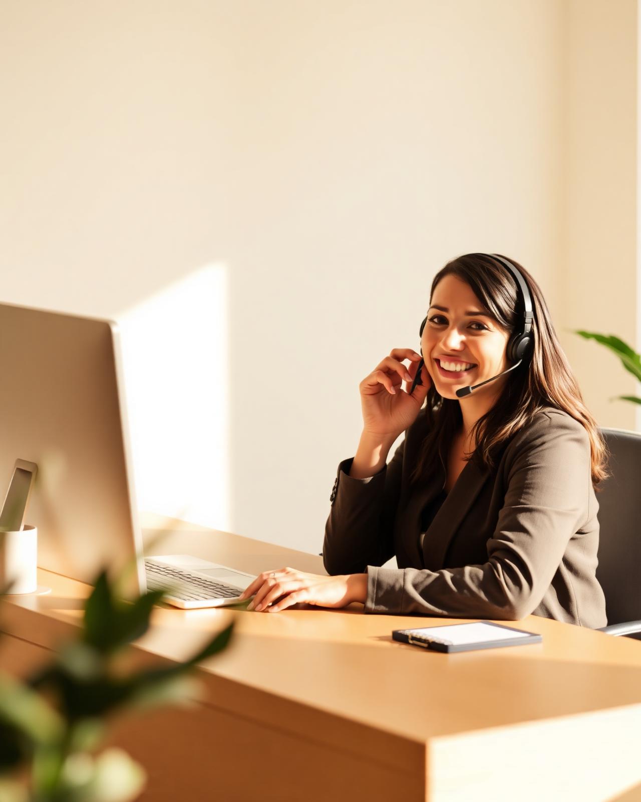 Friendly support specialist at a sunlit desk