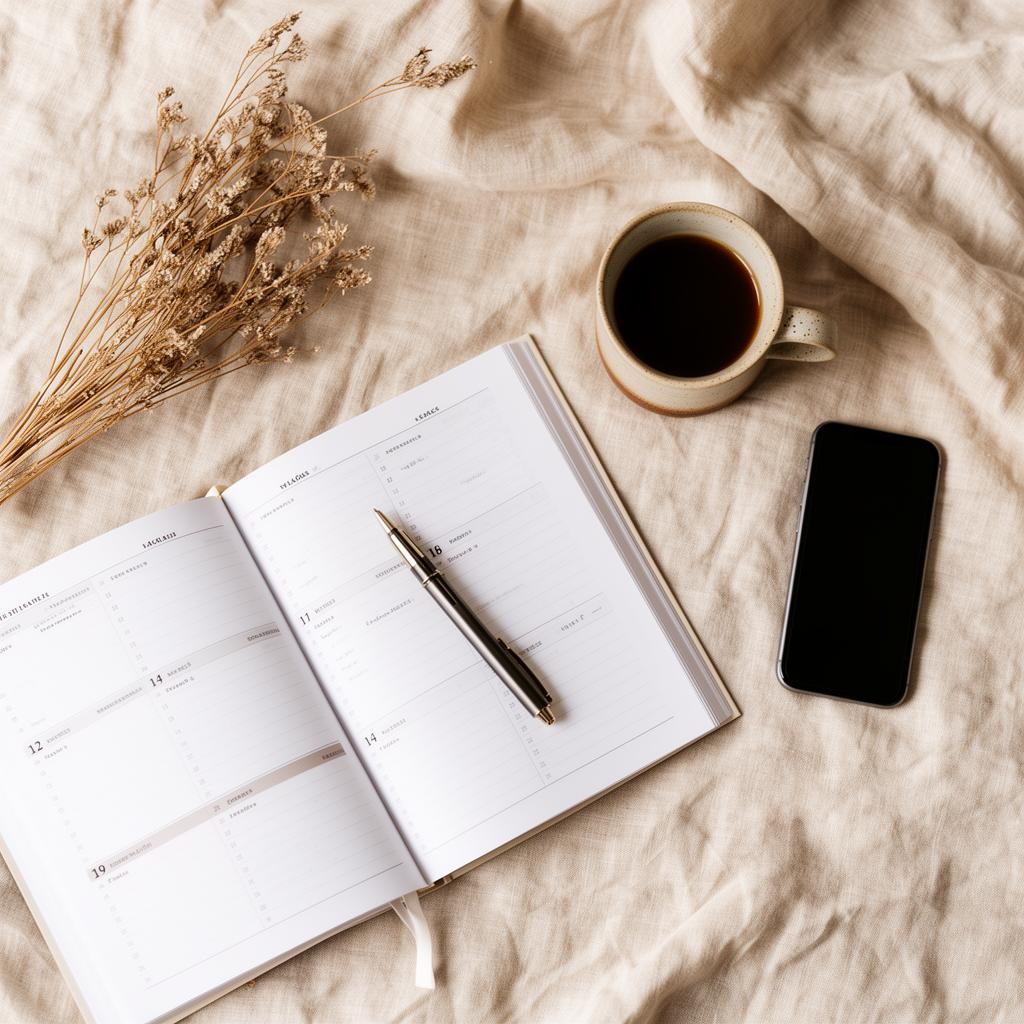 A flat-lay of an open planner, pen, ceramic mug, and dried botanicals