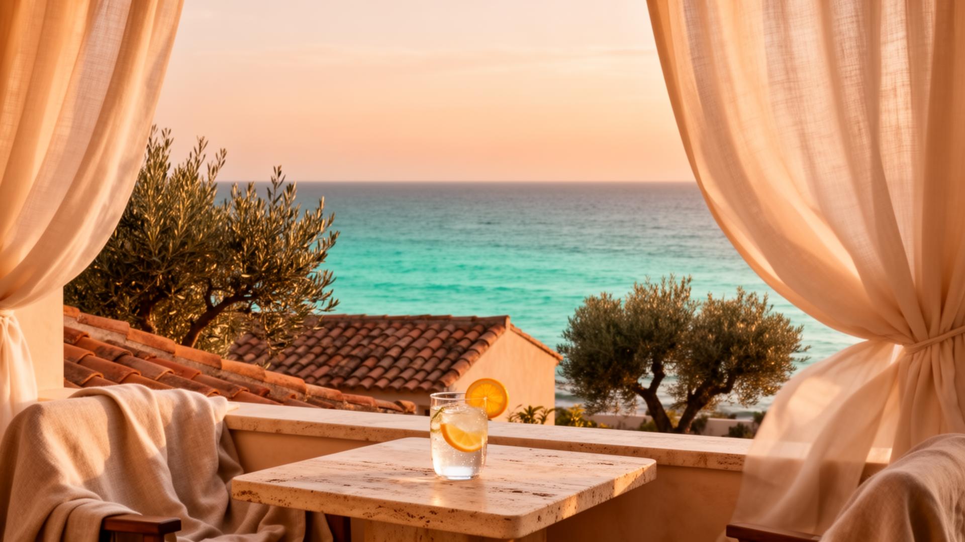 Golden-hour coastal balcony view with linen curtains and a turquoise sea
