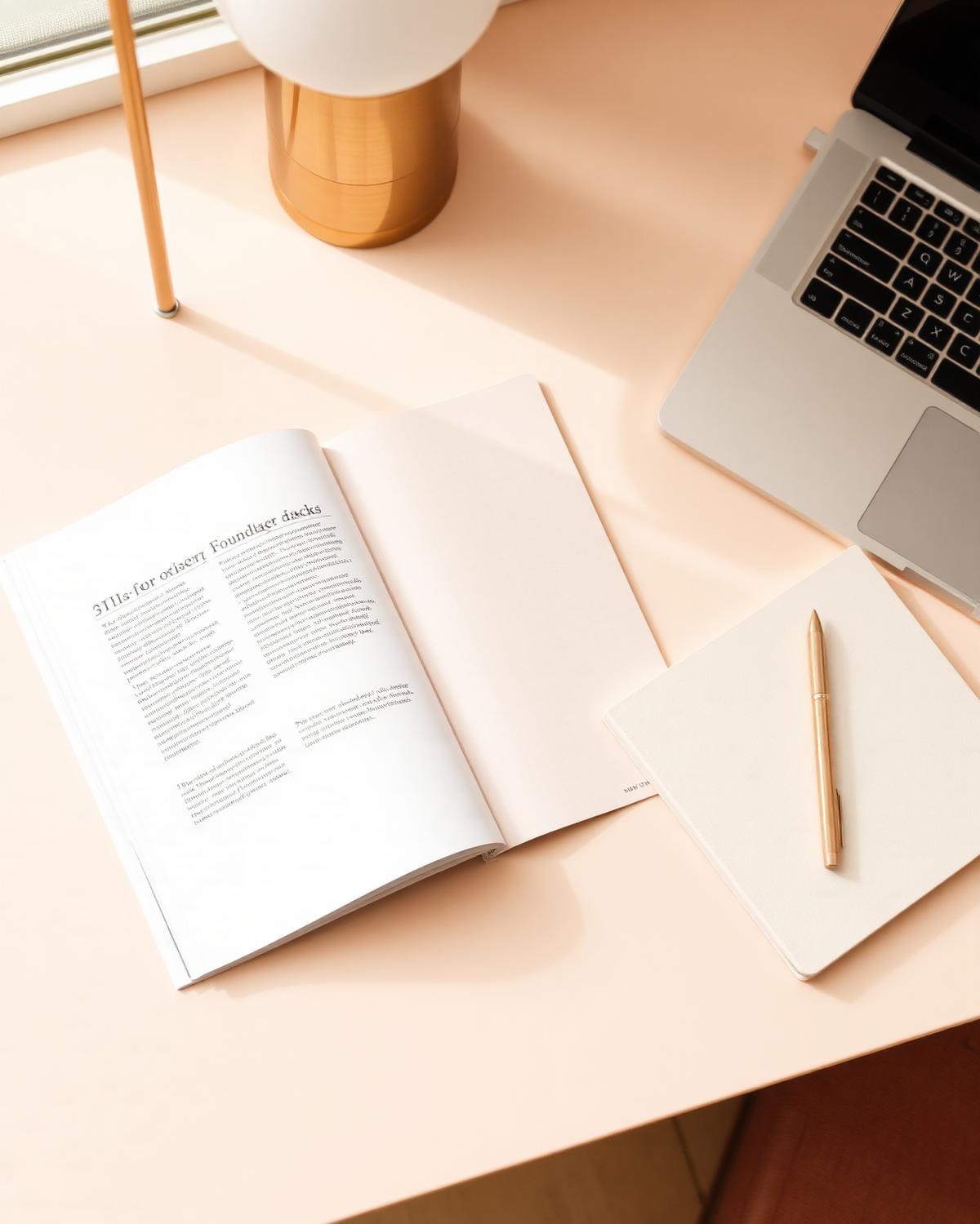Open founder workbook, cream notebook and brass pen on an ivory desk beside a laptop