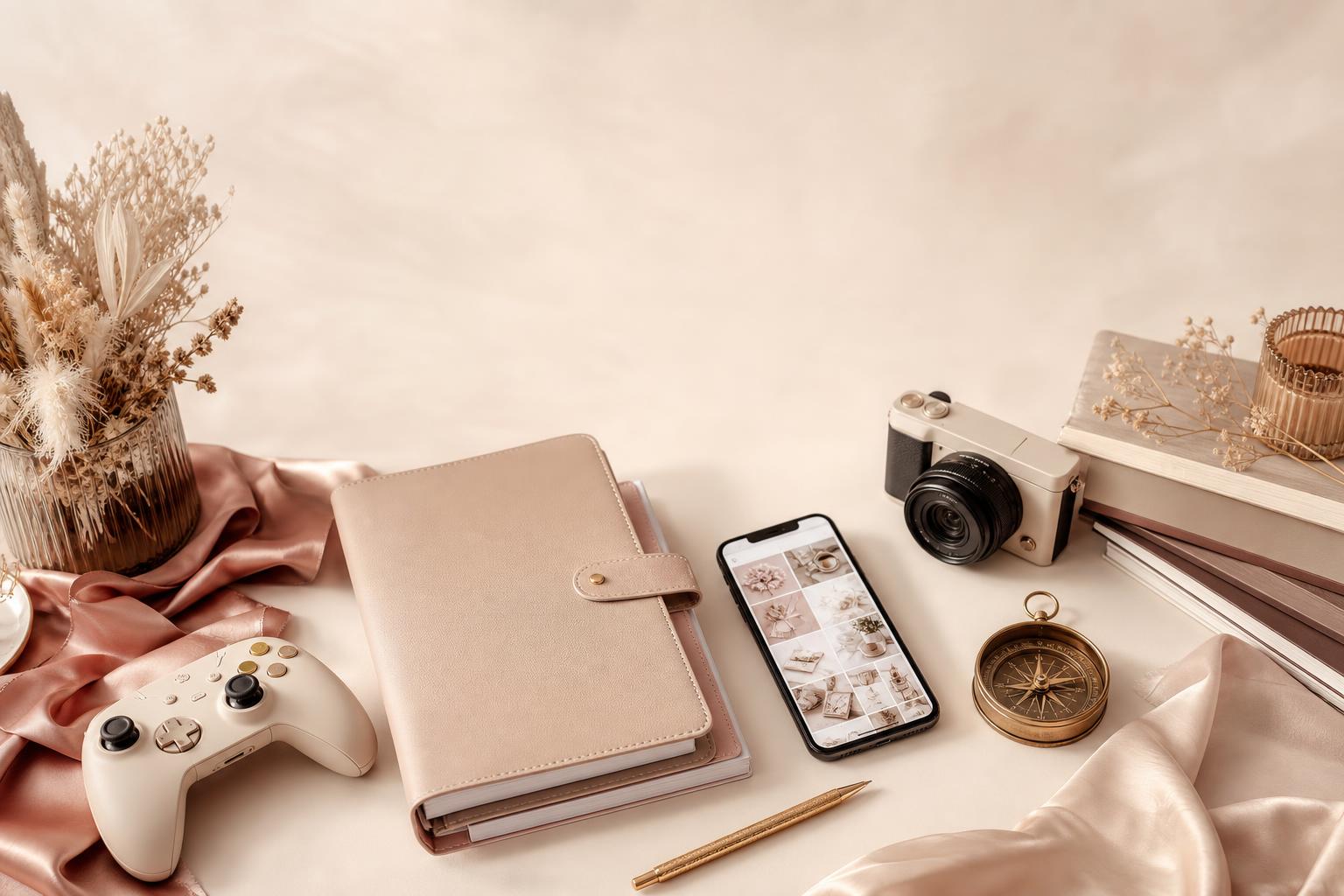 Premium creator + entrepreneur ecosystem flat-lay
