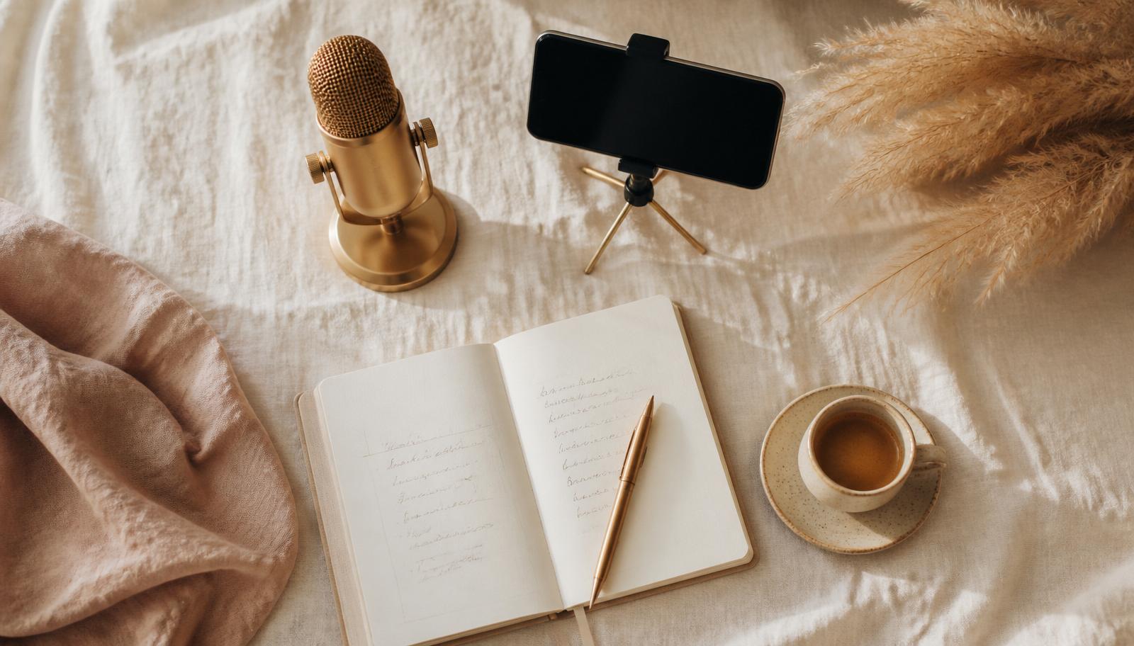 Editorial overhead flat lay of a brass microphone, phone on tripod, open notebook with handwritten content plan, espresso cup and dried pampas on ivory linen