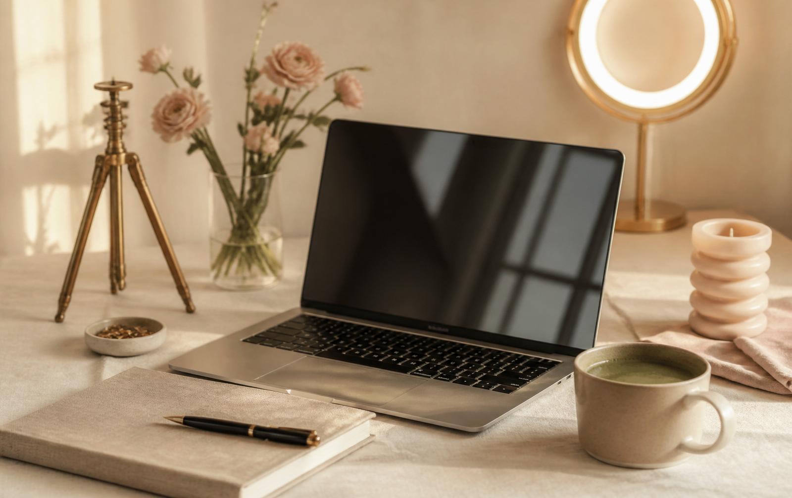 Warm editorial workspace with an open laptop, brass tripod, ring light and linen notebook in golden window light